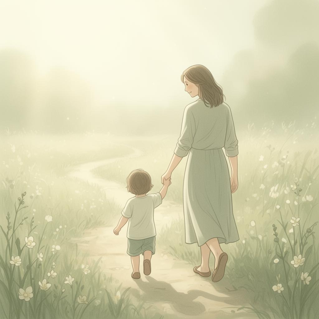 A warm illustration of a parent and child walking together on a sunlit path